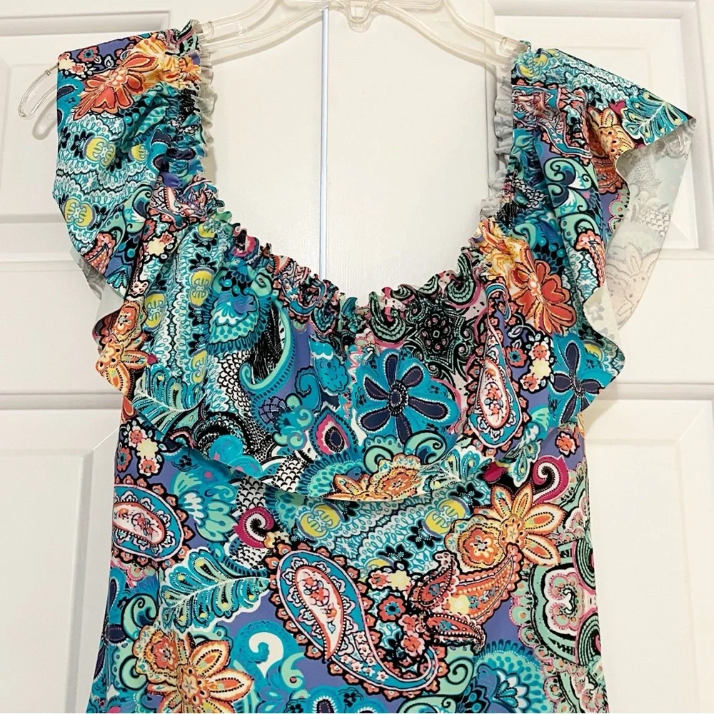 Bleu Rod Beattie Colorful Floral Paisley Ruffle Teal Blue One-Piece Swimsuit. 10 - Picture 14 of 14